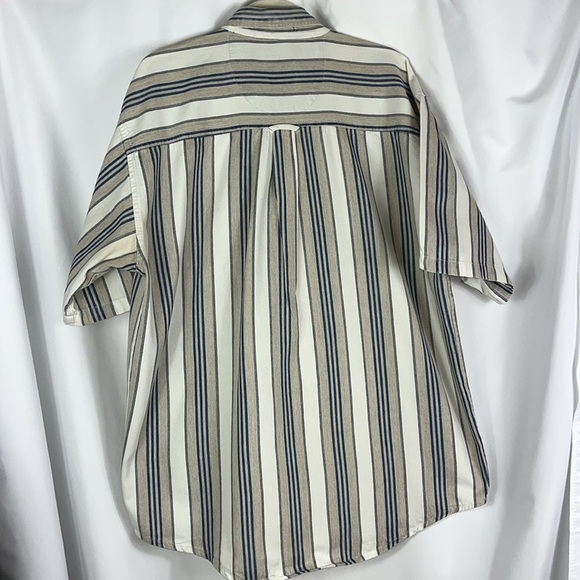 Coliseum Jeans striped short sleeve button down shirt Sz L taupe/blue/cream MEN - Picture 3 of 10